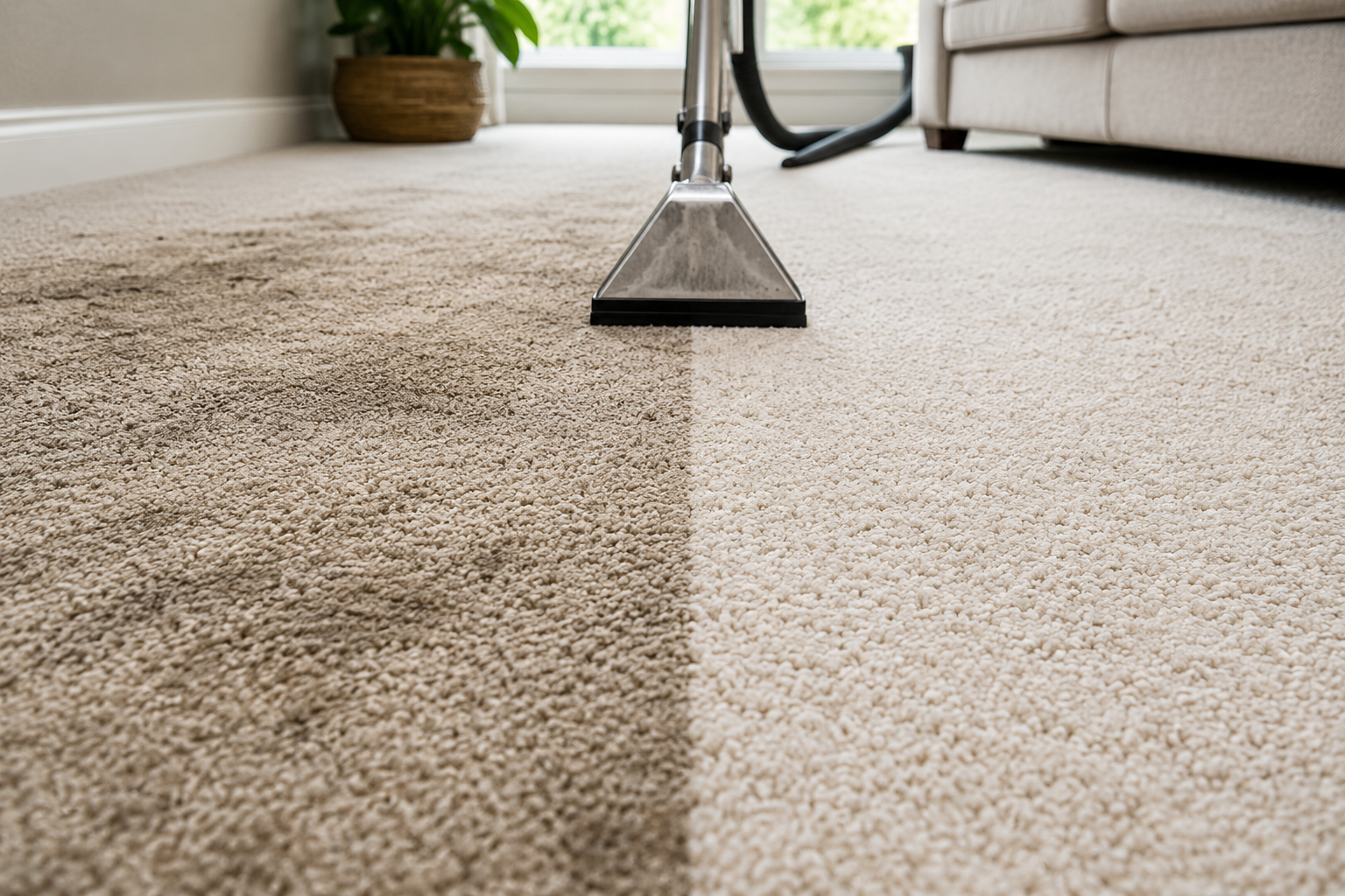 Truck-mounted hot water extraction cleaning a living room carpet in Metro Detroit